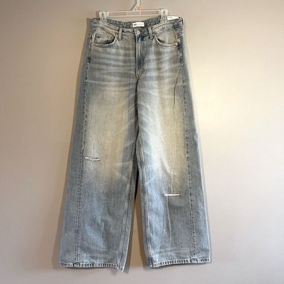 ZARA Wide Leg Full Length Shifted Jean Distressed Denim | SZ 6 - Picture 1 of 8